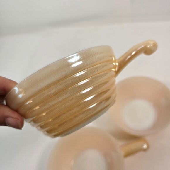 Vintage Fire King Peach Luster Set Of 3 Ovenware Beehive Soup Bowls With Handles - Picture 5 of 10